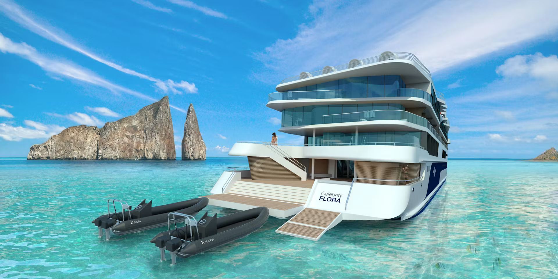 A large white cruise ship floats in turquoise water near a rocky island. Two small boats are attached. Celebrity Flora