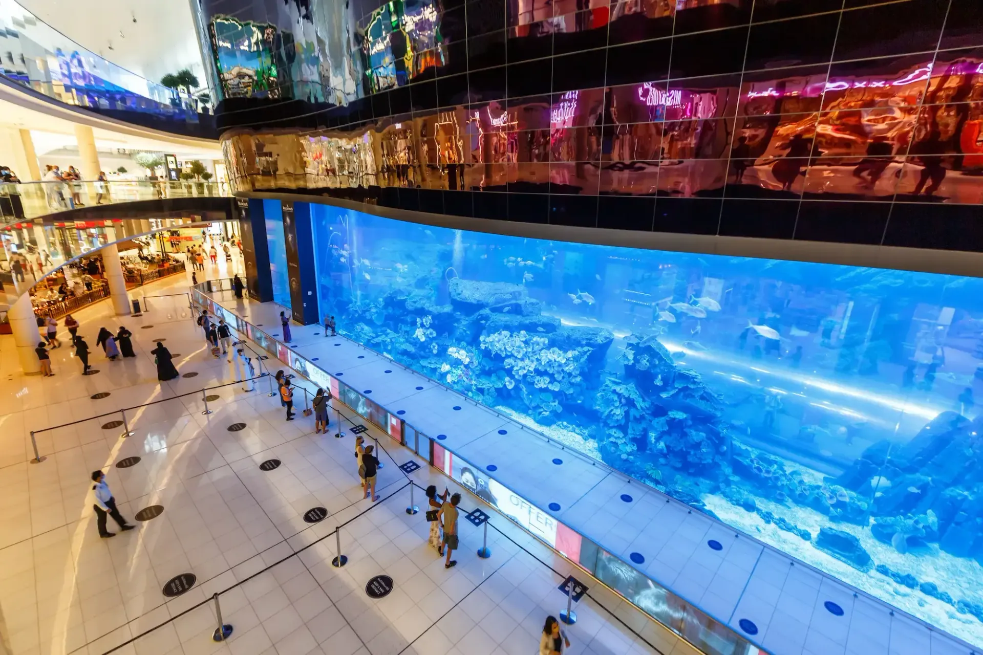 Large aquarium inside a shopping mall with people viewing marine life.