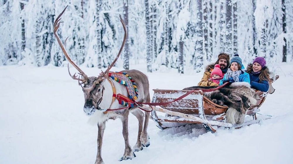 Family on a reindeer-pulled sleigh in a snowy forest.