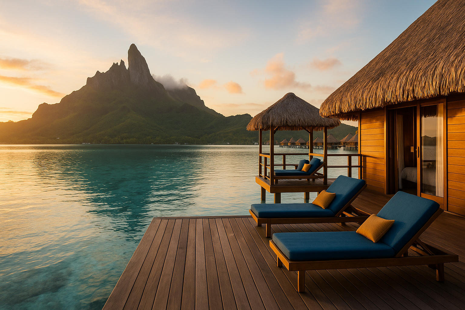 Overwater bungalow with blue lounge chairs on a wooden deck overlooking a turquoise lagoon and a mountain in the distance at sunset. Bora Bora