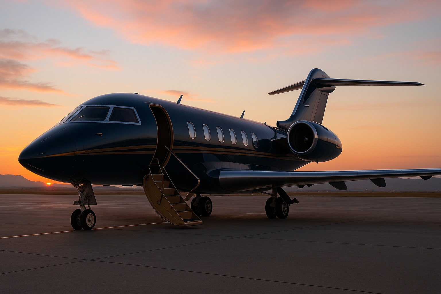 Dark private jet on the tarmac at sunset, boarding stairs down, with pink and orange sky in the background.