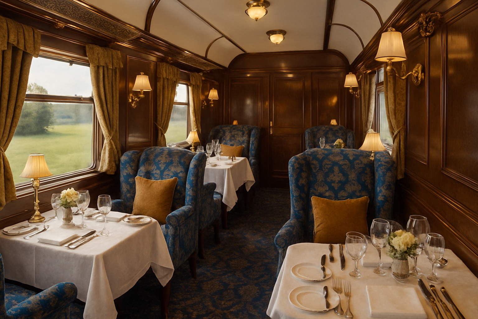 An elegant, wood-paneled luxury train dining car featuring tables set for fine dining and blue patterned armchairs.