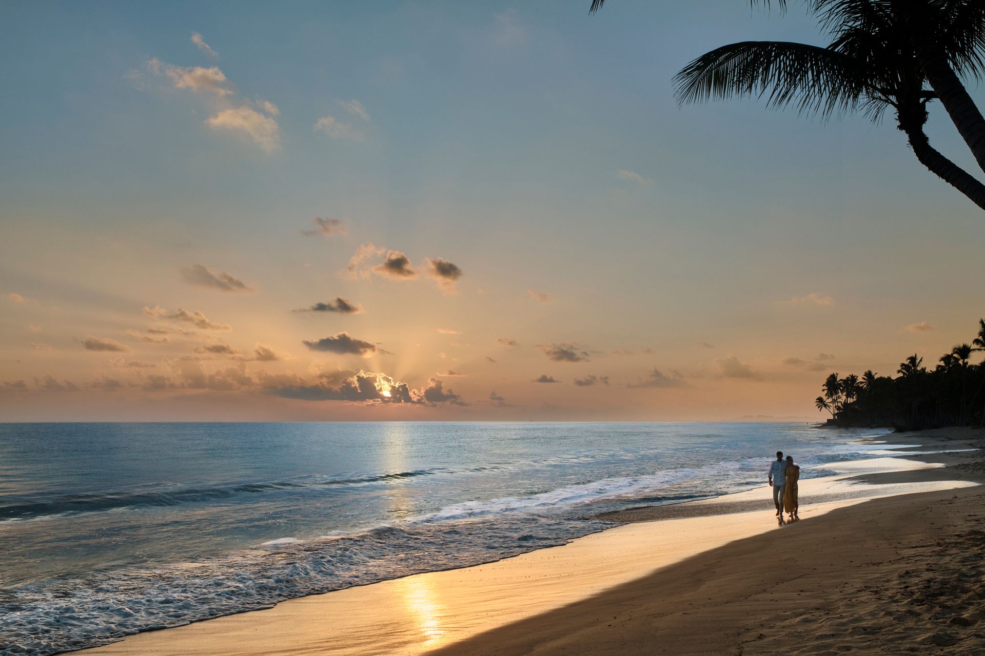 Sunset over ocean. Two people walk on a sandy beach. Palm tree in view.