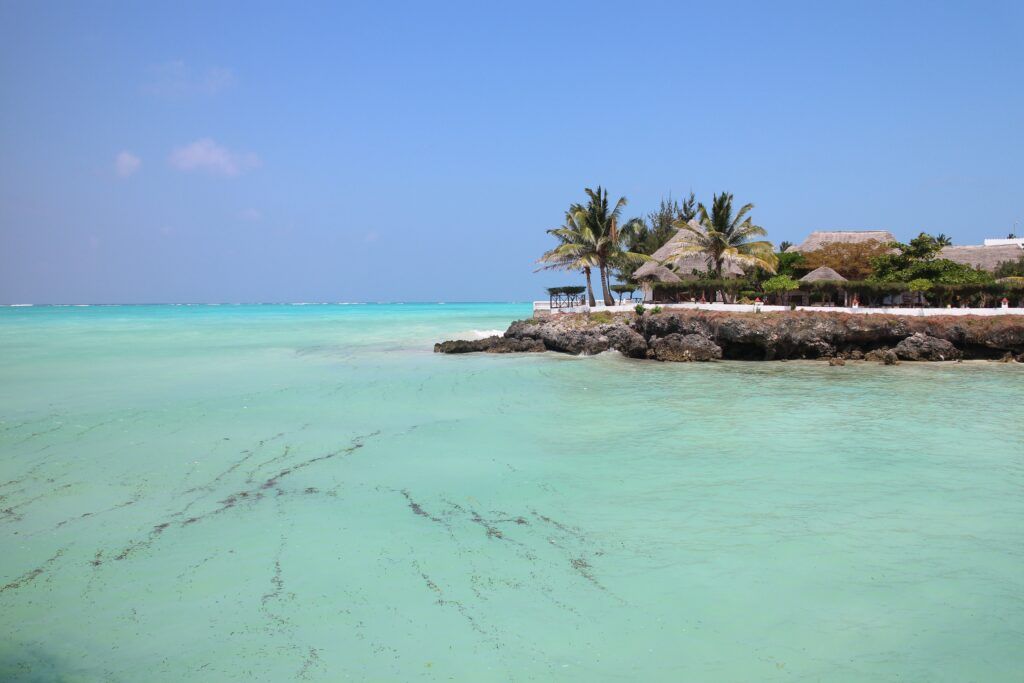 A rocky point with palm trees and a thatched-roof building overlooking a calm, turquoise tropical lagoon.
