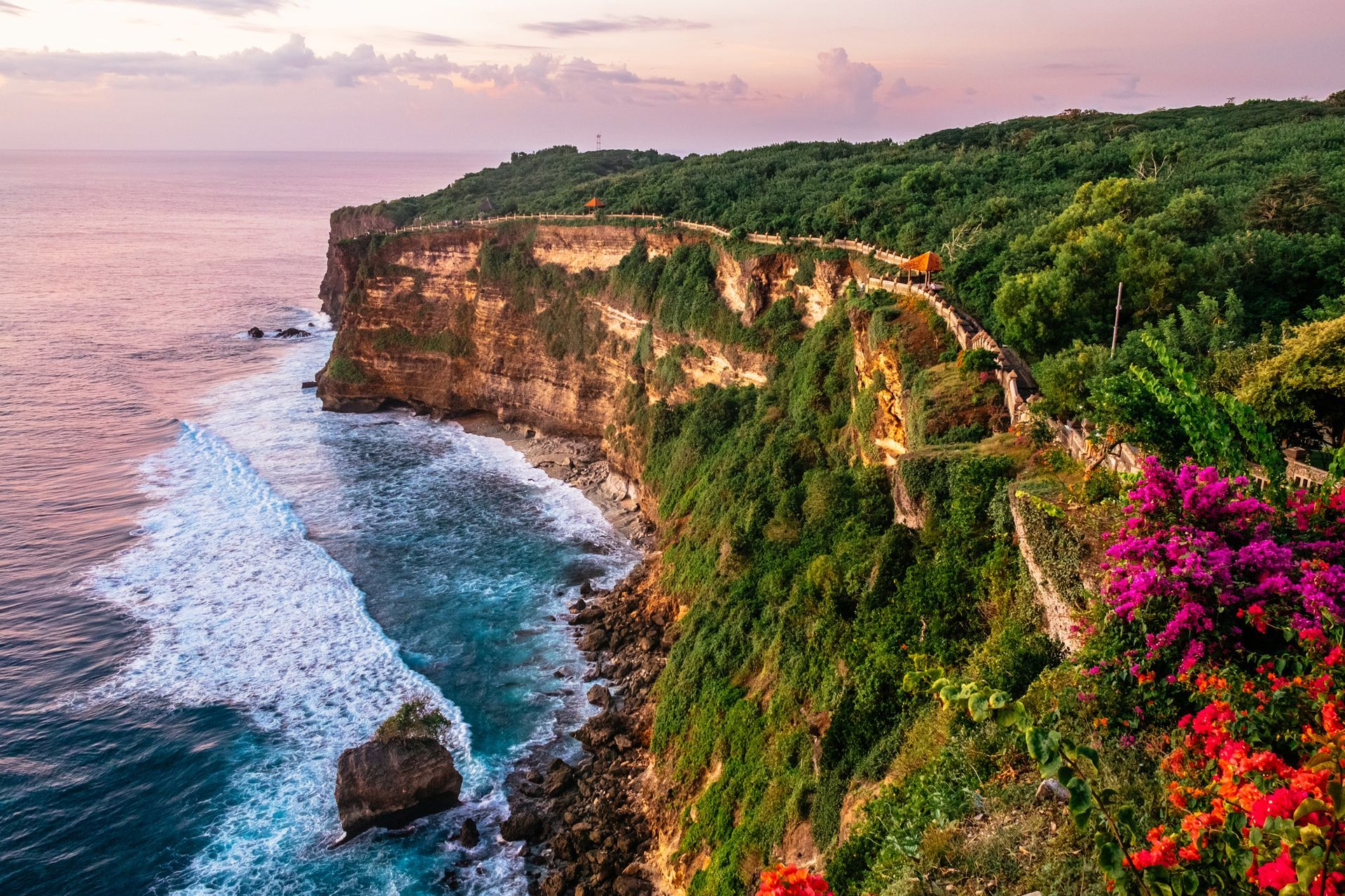 Cliffs and ocean at sunset, lush green vegetation, path along the cliff edge, pink and orange flowers. Uluwatu