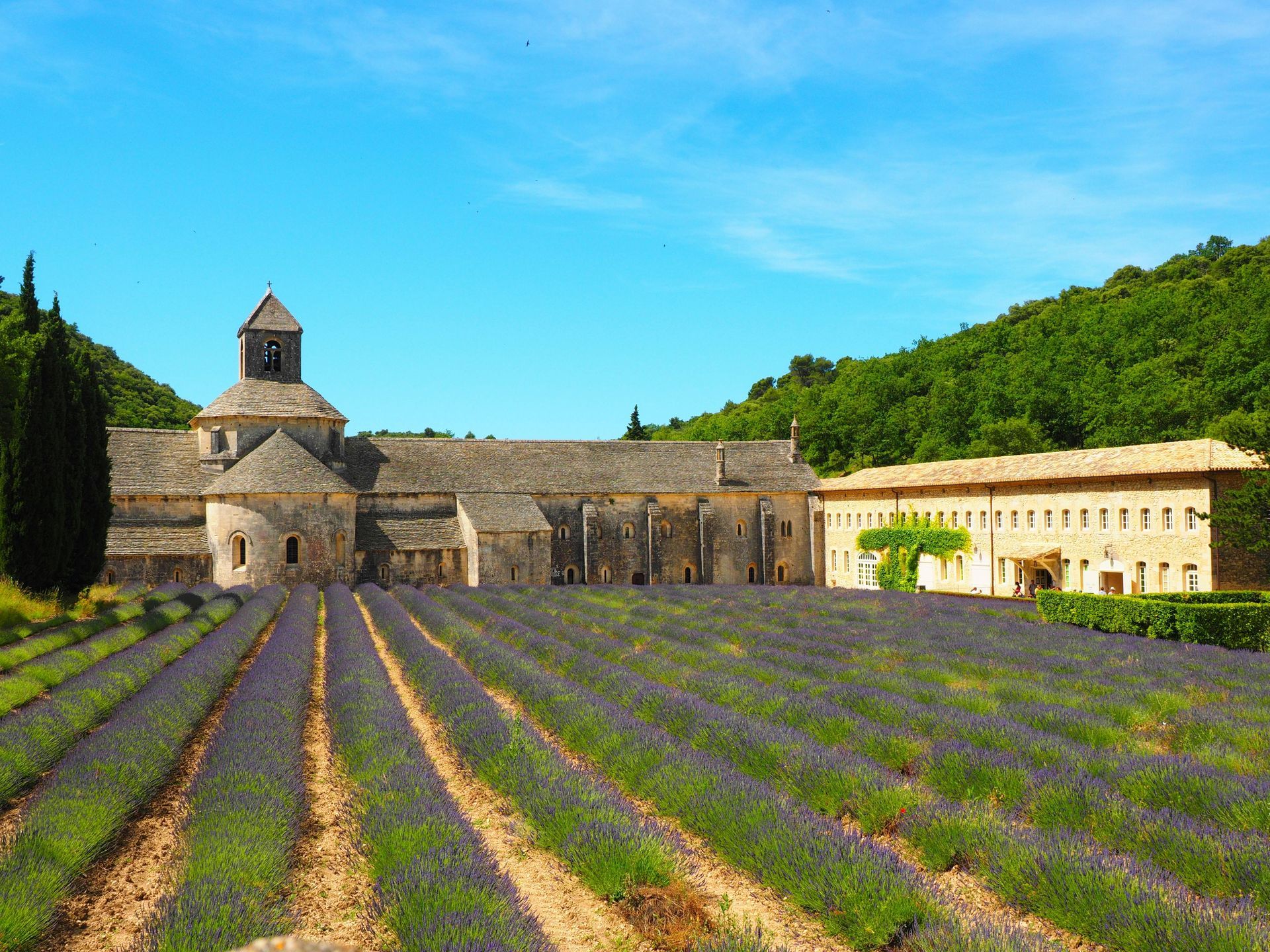 Stone abbey with lavender fields and green hills under a blue sky.