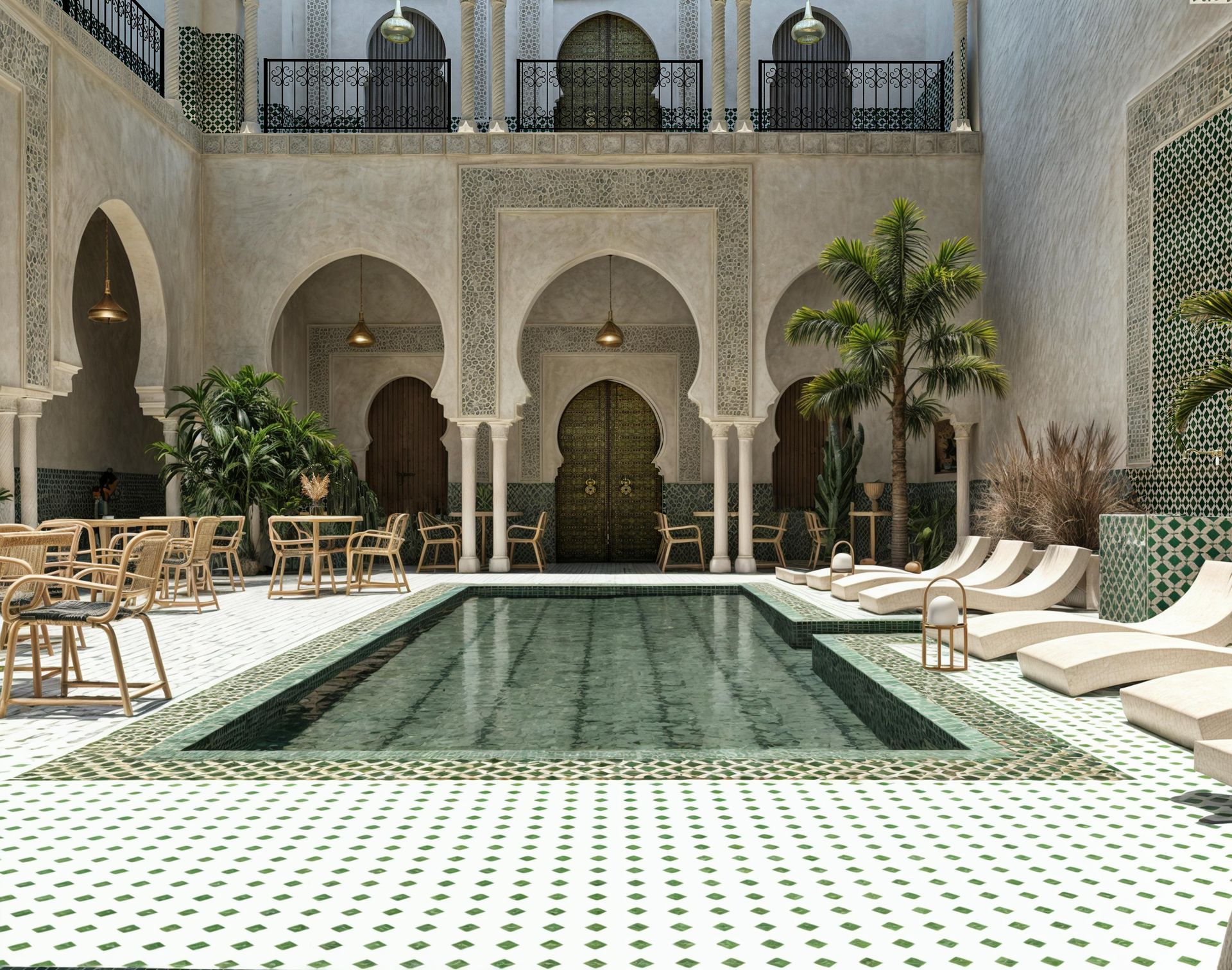 Elegant courtyard with a rectangular pool, Moorish arches, potted palms, and white lounge chairs