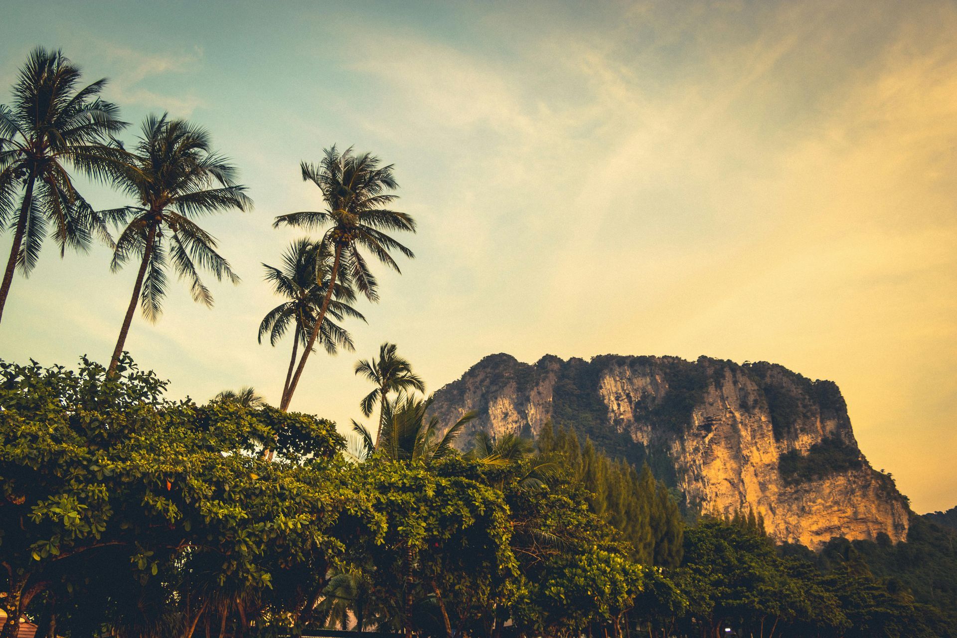 Palm trees and lush greenery frame a rocky mountain under a yellow and blue sky.
