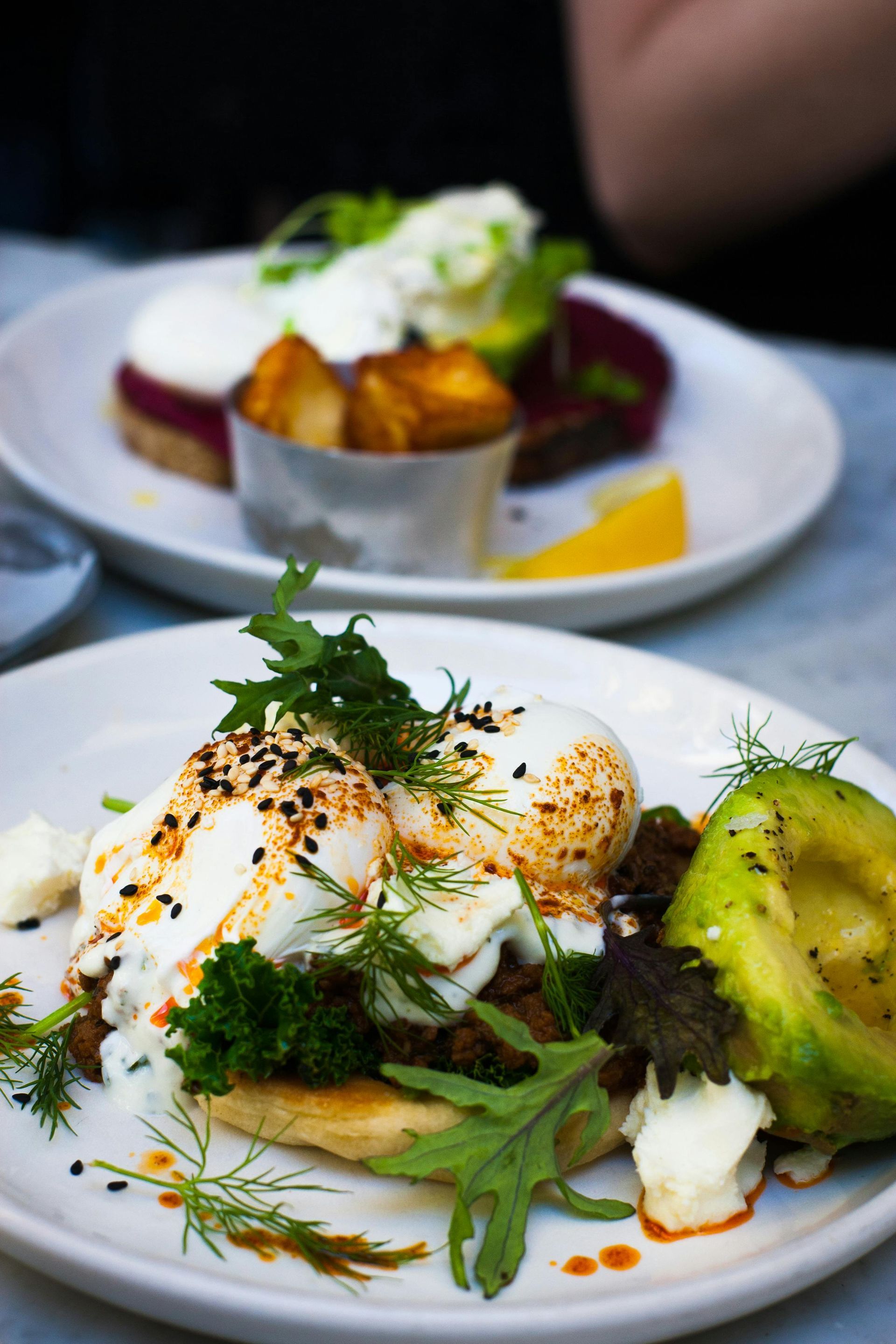 Two plates of brunch: poached eggs with avocado; beet and egg toast with fried tofu. Fine dining
