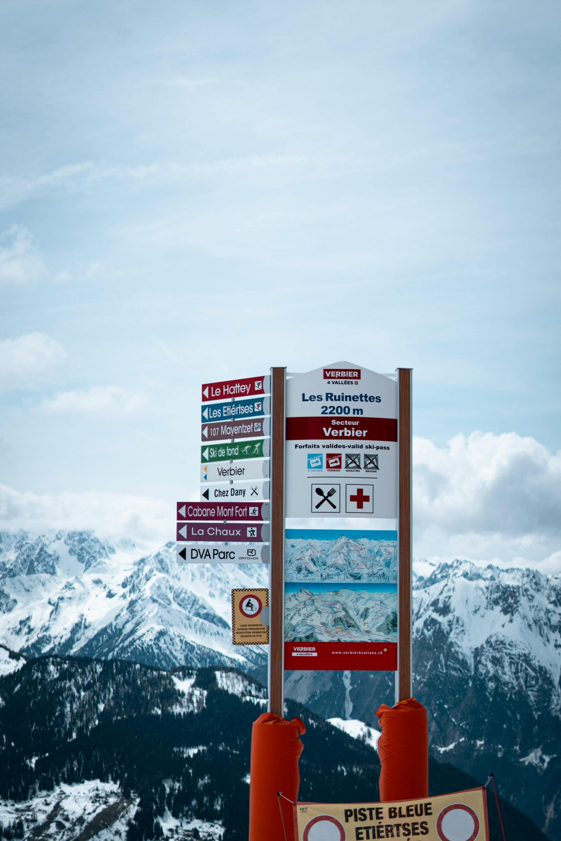 Signpost at a ski resort with directions, map, and emergency information, set against a snowy mountain backdrop. Verbier