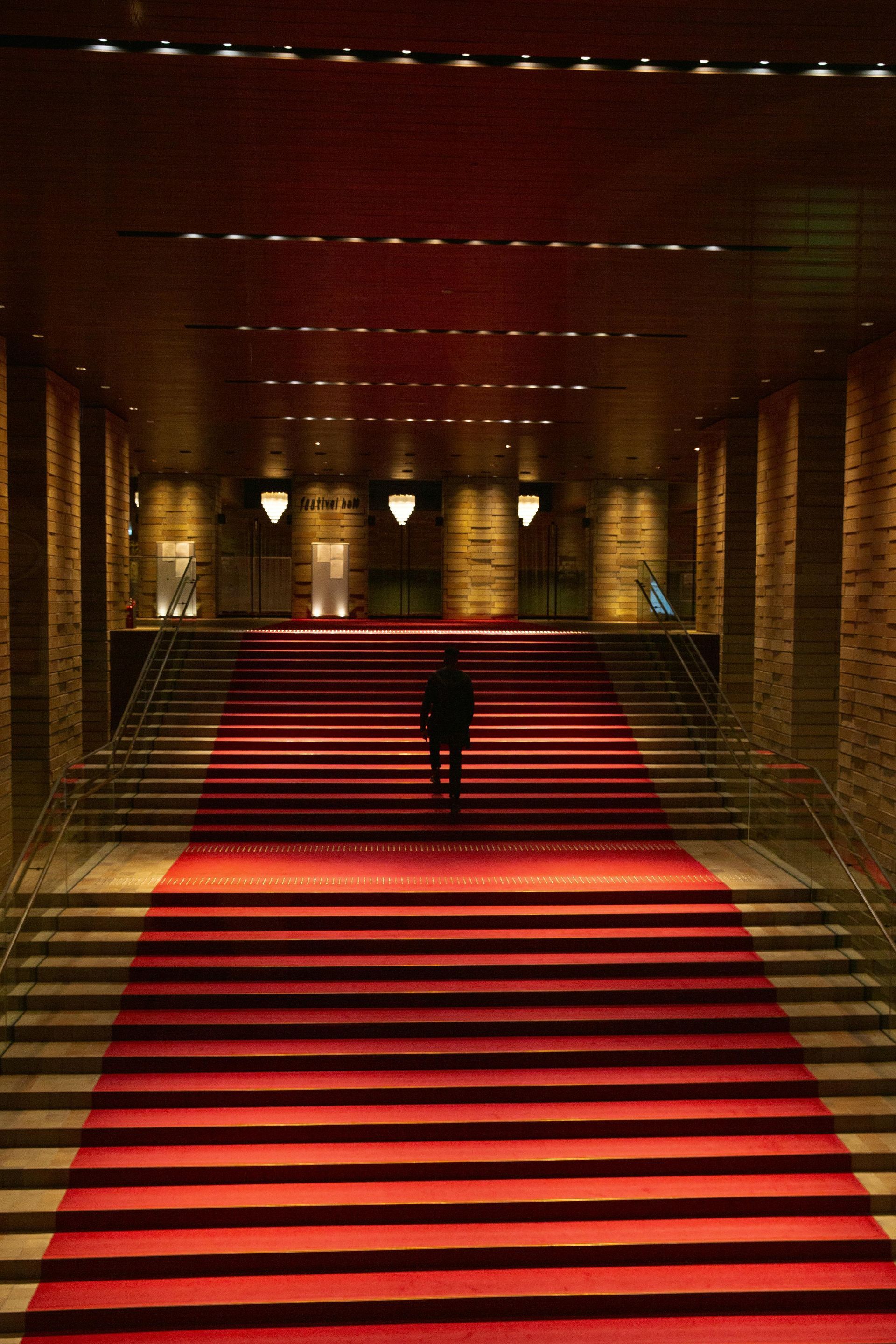 Person walking up a grand red staircase in a brown-walled building, lit by overhead lamps. Tokyp