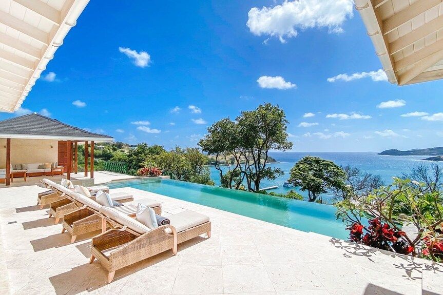 Luxurious villa with infinity pool overlooking ocean under a blue sky.