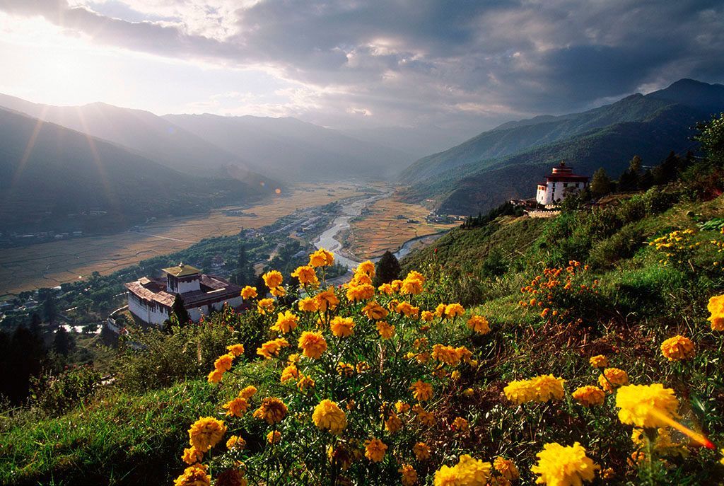 Yellow flowers in foreground, overlooking a valley with river, buildings, and mountains in the distance, sunlight breaking through clouds.