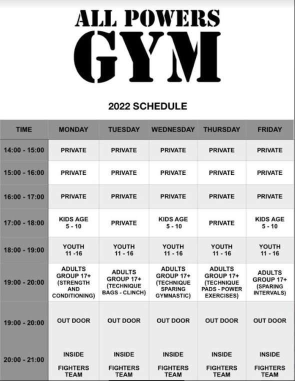 Schedule of All Powers Gym classes Muay Thai and fitness