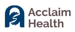 A blue and brown logo for acclaim health