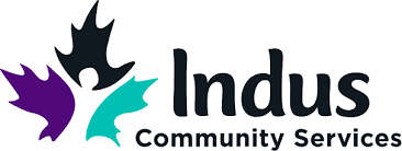 The logo for indus community services has a maple leaf on it.