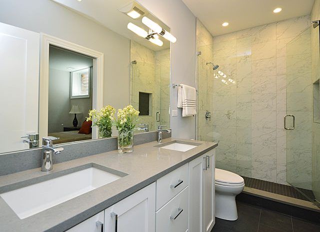 Modern white double sink vanity with dove gray countertop