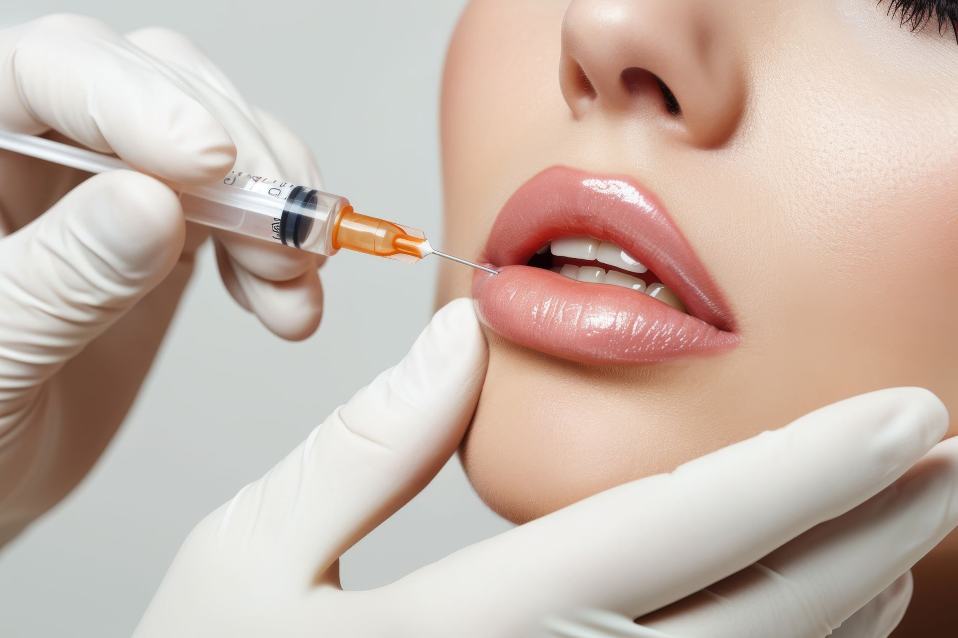 Eine Frau bekommt eine Botox-Injektion in die Lippen.