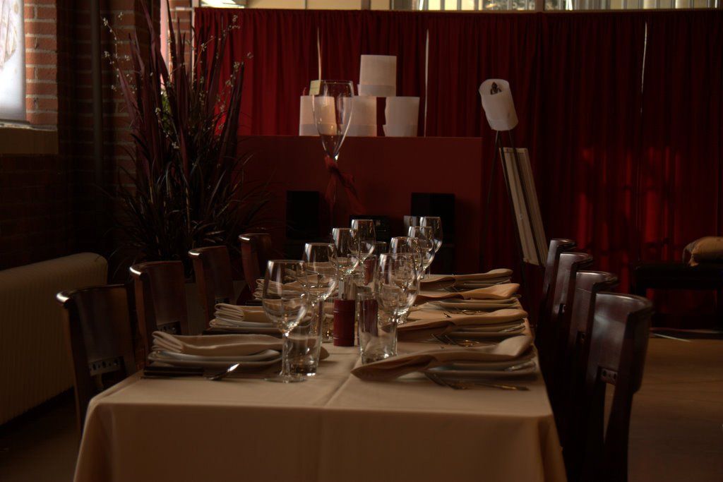 A table with plates , glasses , and silverware on it in a restaurant.
