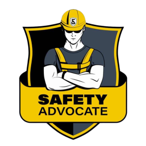 A logo for safety advocate with a construction worker in a hard hat