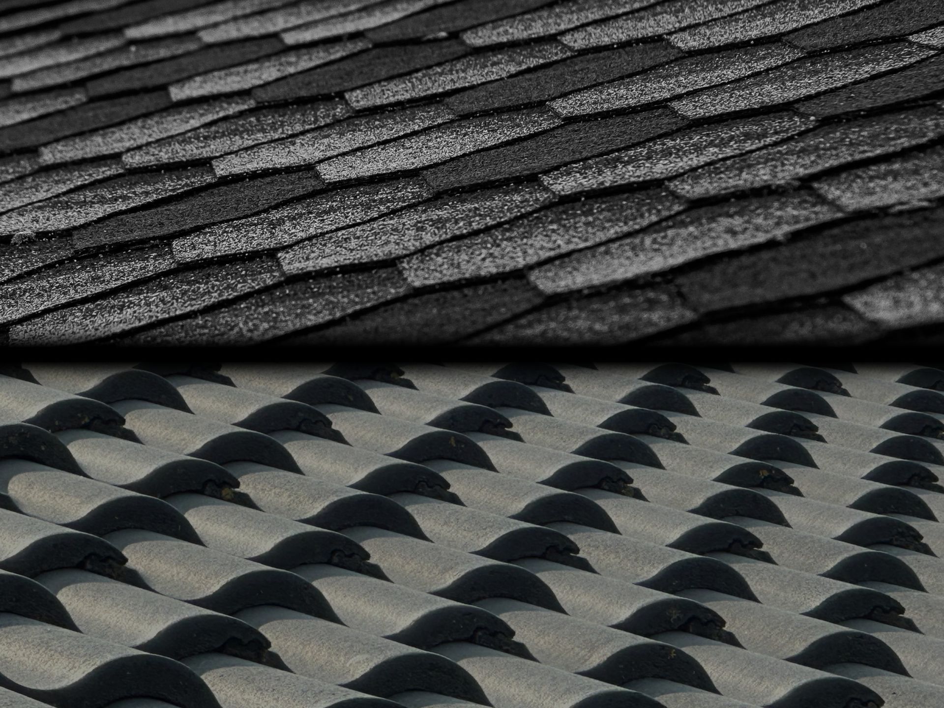 Two close-up views of roofing. The top view is asphalt shingles. Bottom view of tile roofing.