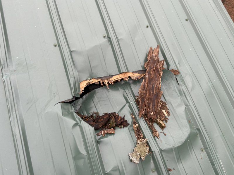 A metal roof with a hole in it caused from tree damage.
