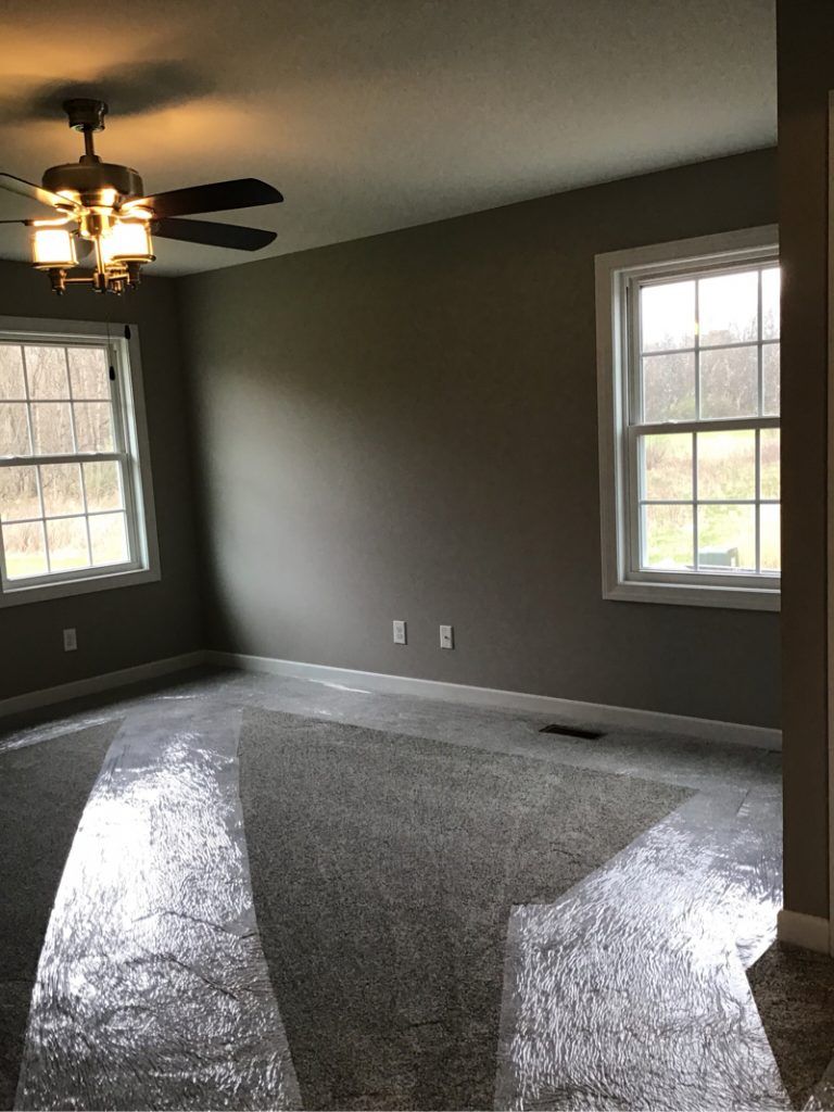 An empty room with carpet, a ceiling fan, and two windows.
