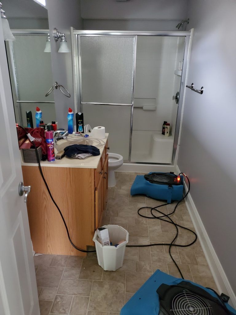 A bathroom with a sink , toilet , shower and industrial dryer.