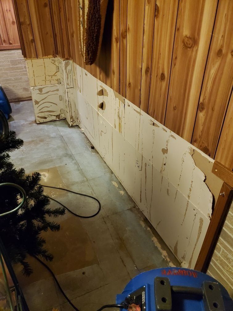 A blue vacuum cleaner is sitting on the floor in front of a wooden wall.