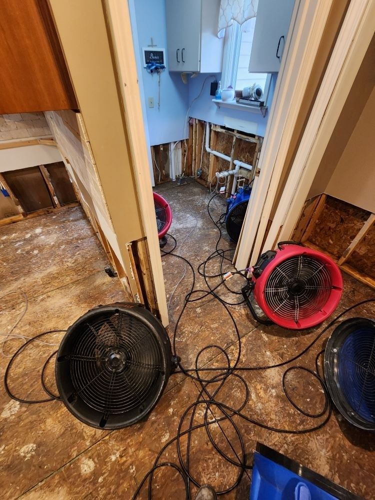 Multiple industrial fans are sitting on the floor of a room.