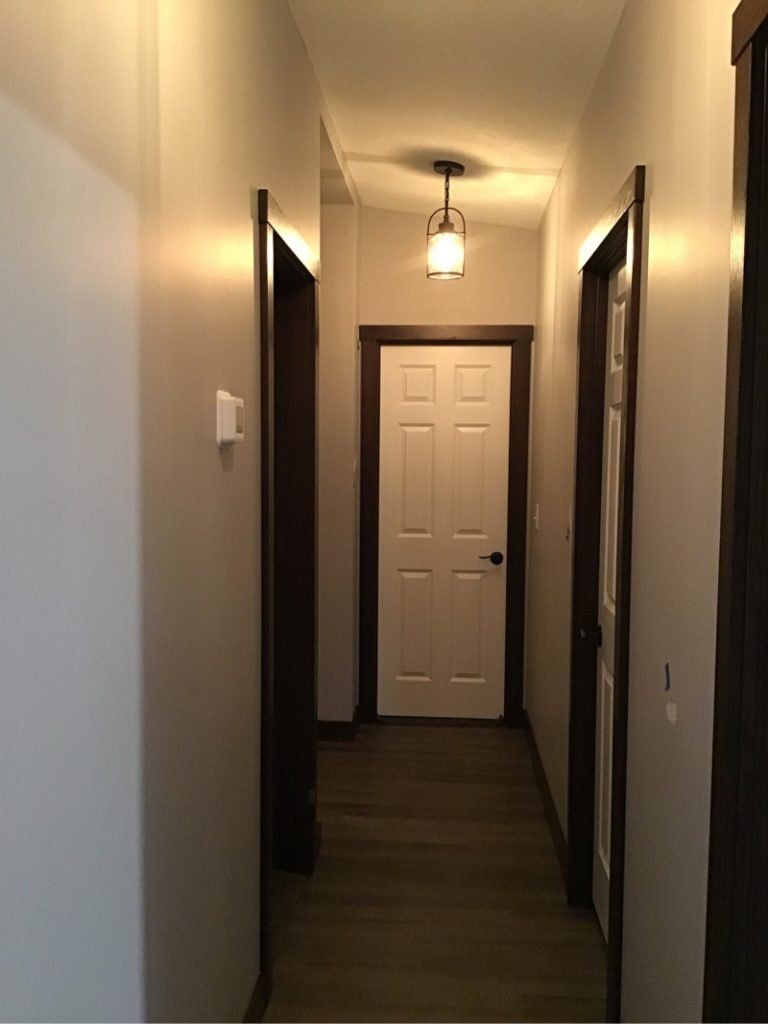 A hallway with a white door and a light on the ceiling.