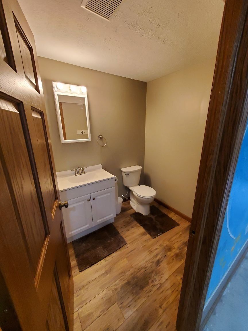 A bathroom with a sink , toilet and mirror.