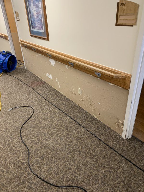 A hallway with a carpeted floor and a blue industrial drying fan on the floor.