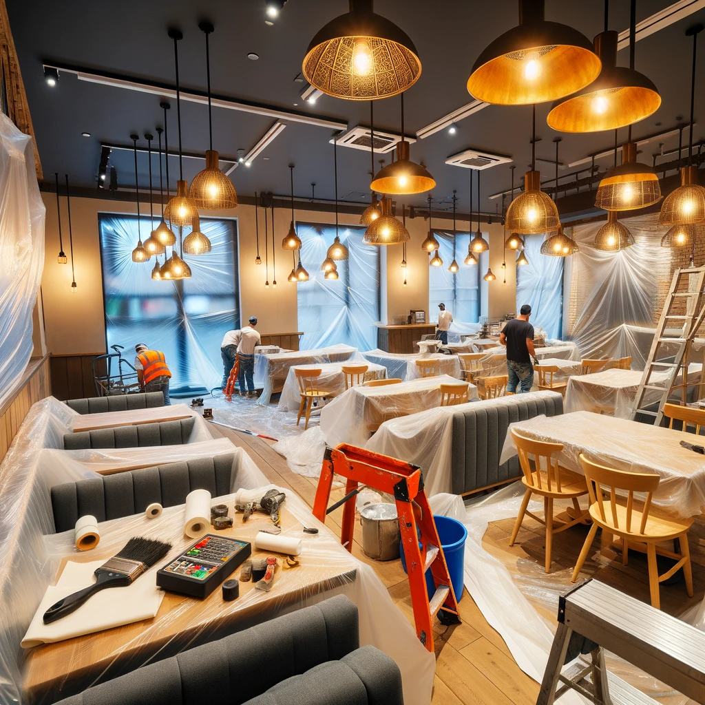 A restaurant that is being remodeled with tables and chairs.