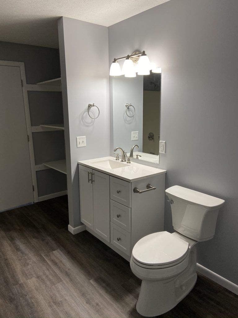 A bathroom with a toilet, sink, shelving, and mirror.