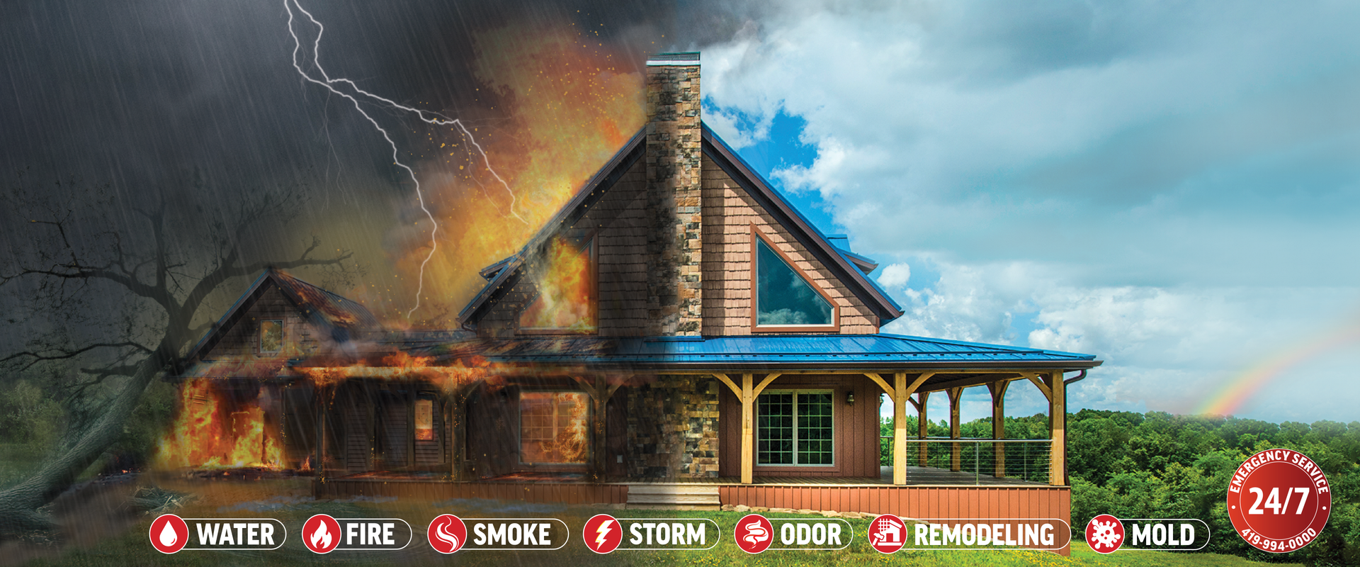 House split: one side damaged by storm/fire, the other repaired with a rainbow and blue sky.