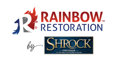 A logo for rainbow restoration and shrock