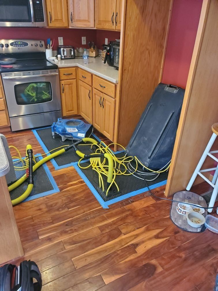 A kitchen with hardwood floors , a stove, microwave, and industrial blue dryer.