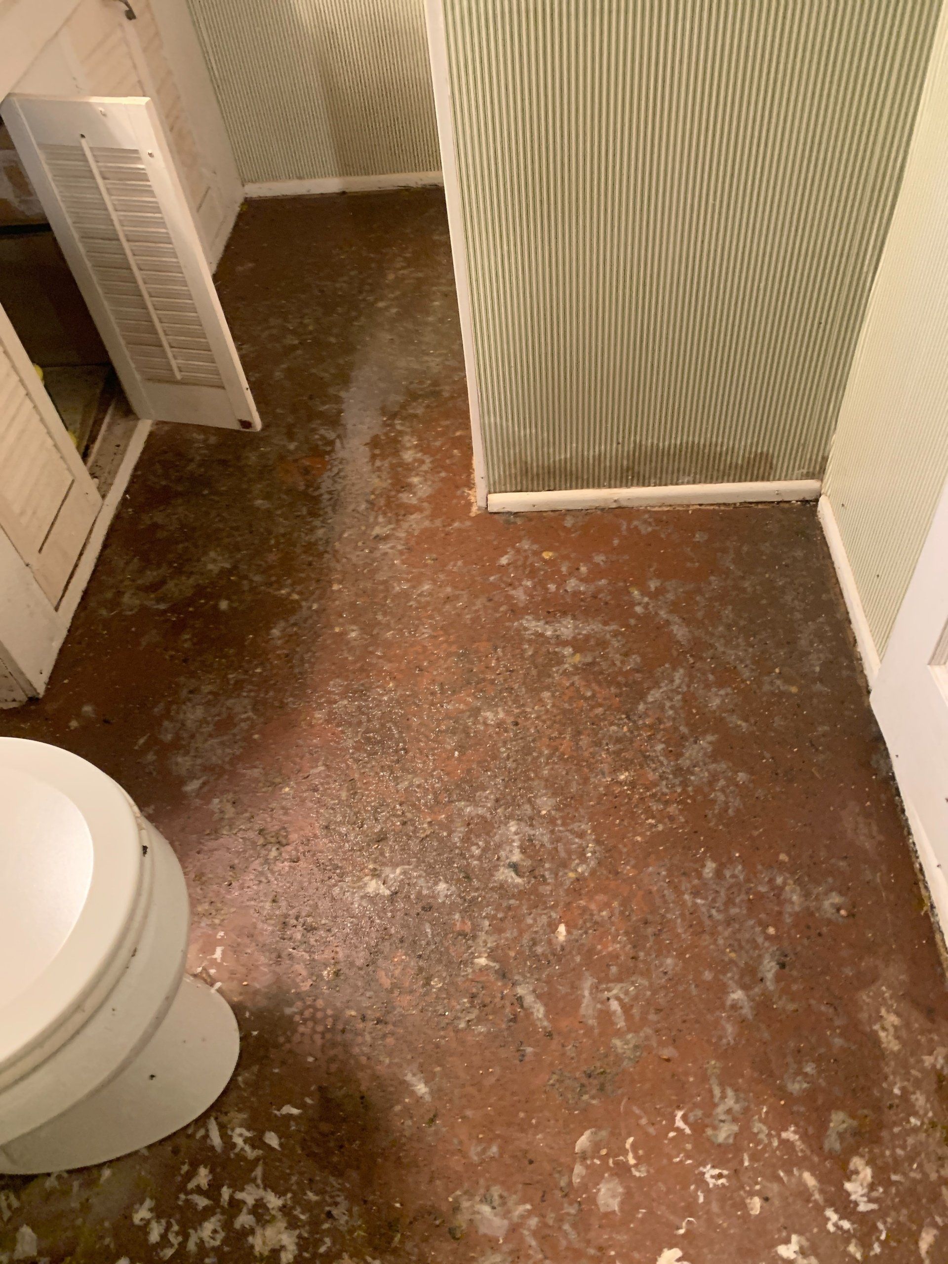 A bathroom with a toilet and a damaged and dirty floor.