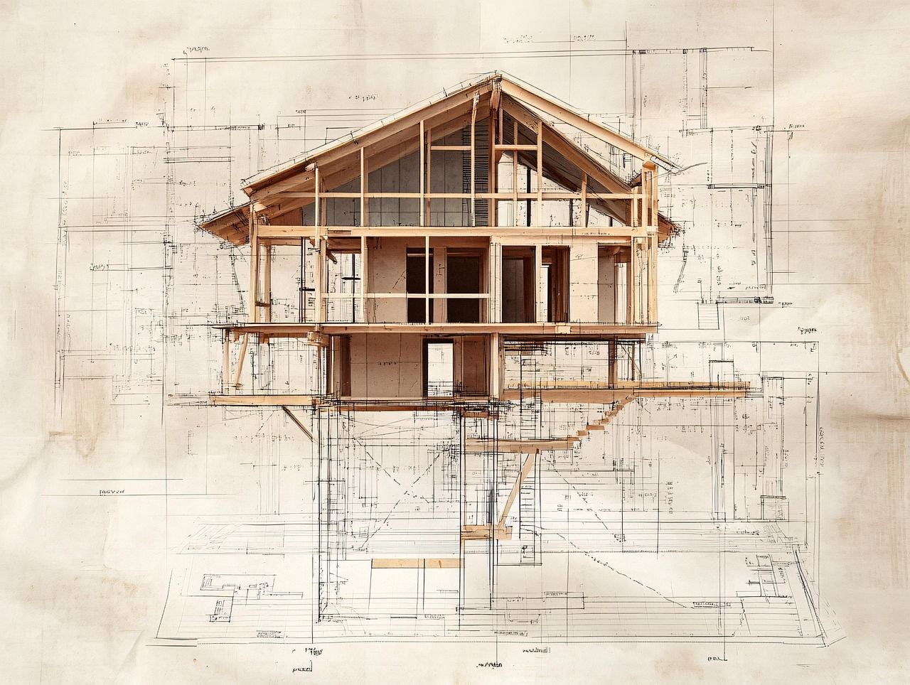 House under construction with exposed wooden frame, overlaid on architectural blueprints.