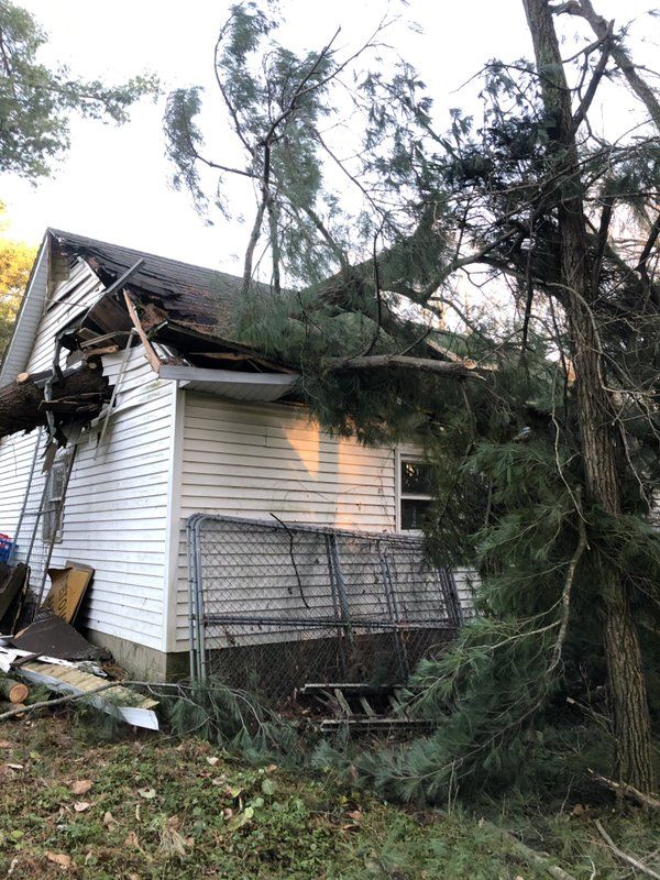 A damaged house with a tree that has fallen on the roof.