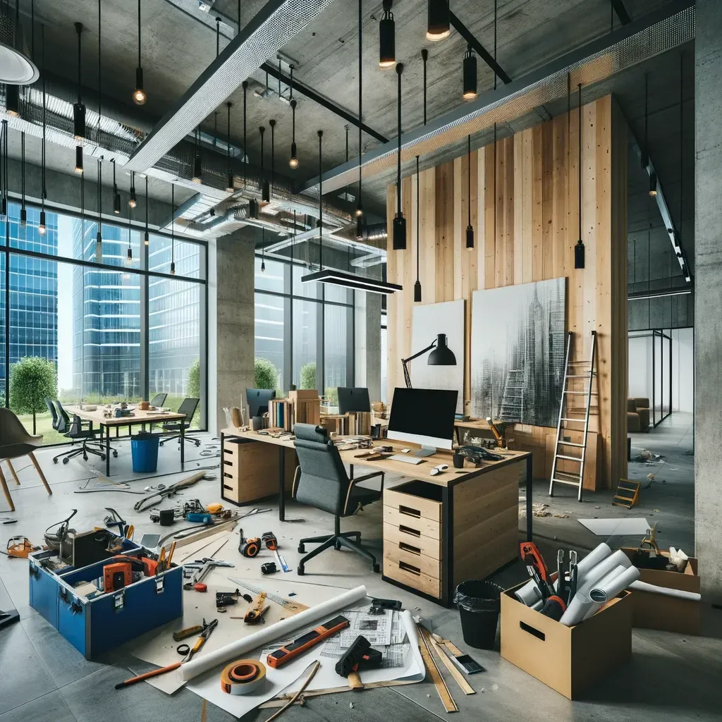A messy office with a lot of tools on the floor and a ladder.