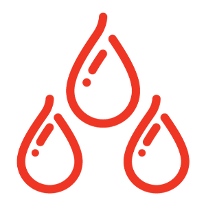 Icon of three red drops of water with exclamation points on them.