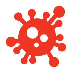 A red icon of a virus with holes in it on a white background.