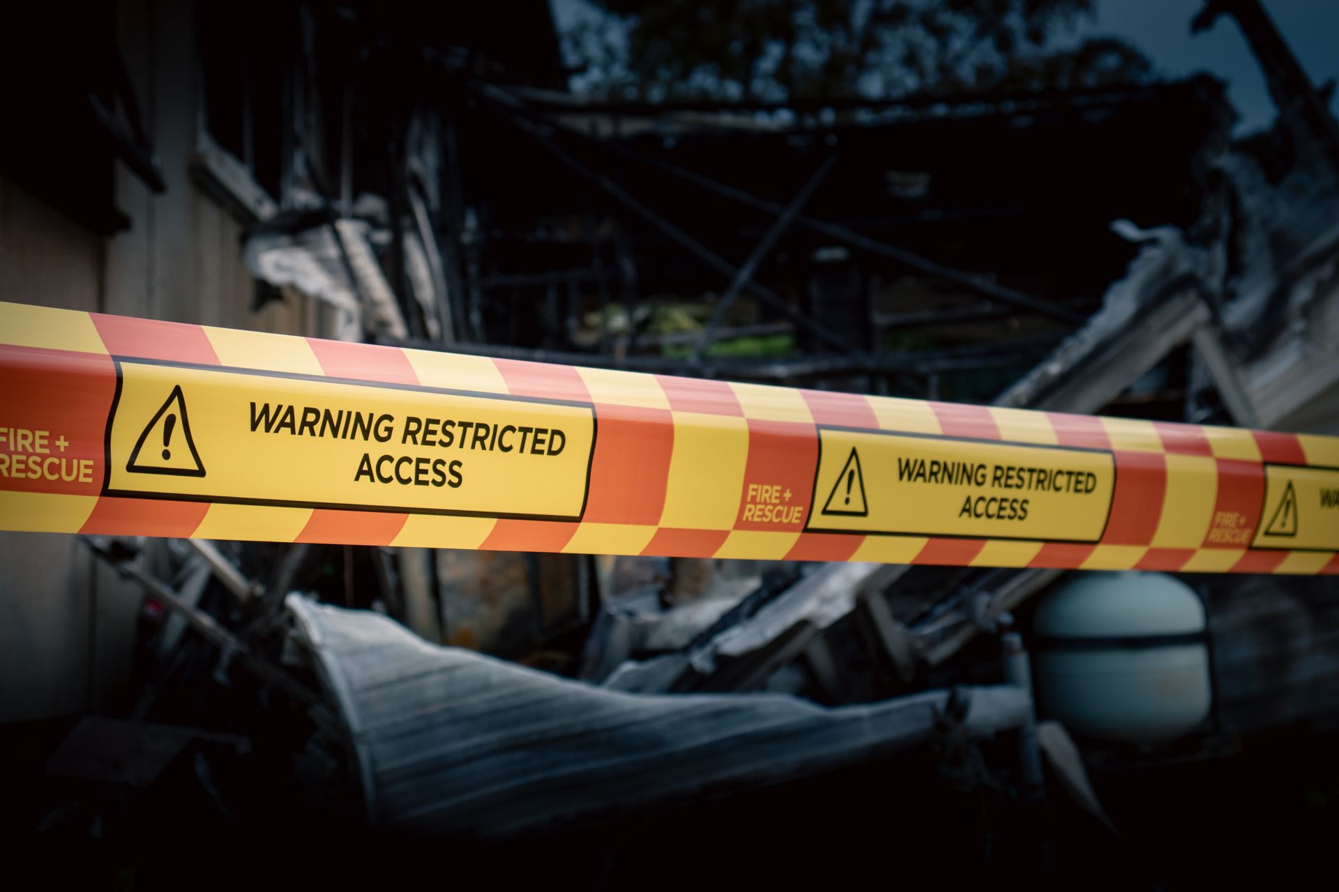 A house which has been partially destroyed by a fire. 