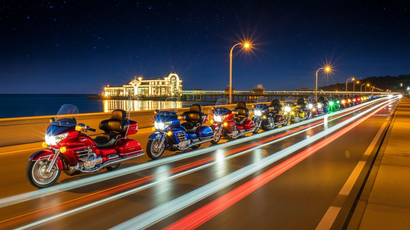 Colorful Goldwing motorcycles parading along Scarborough seafront at night