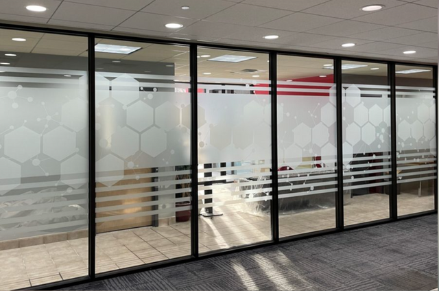 A room with a lot of glass walls and a carpeted floor