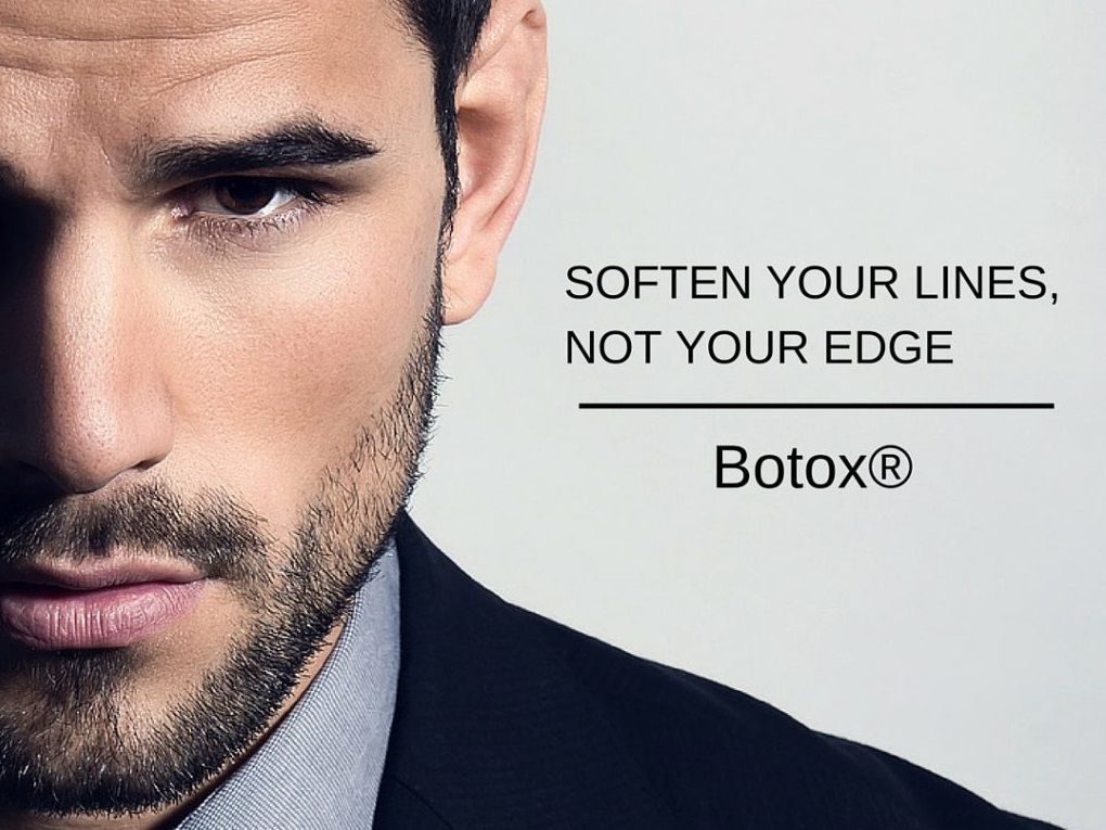 A black and white photo of a man with a beard and the words soften your lines not your edge botox