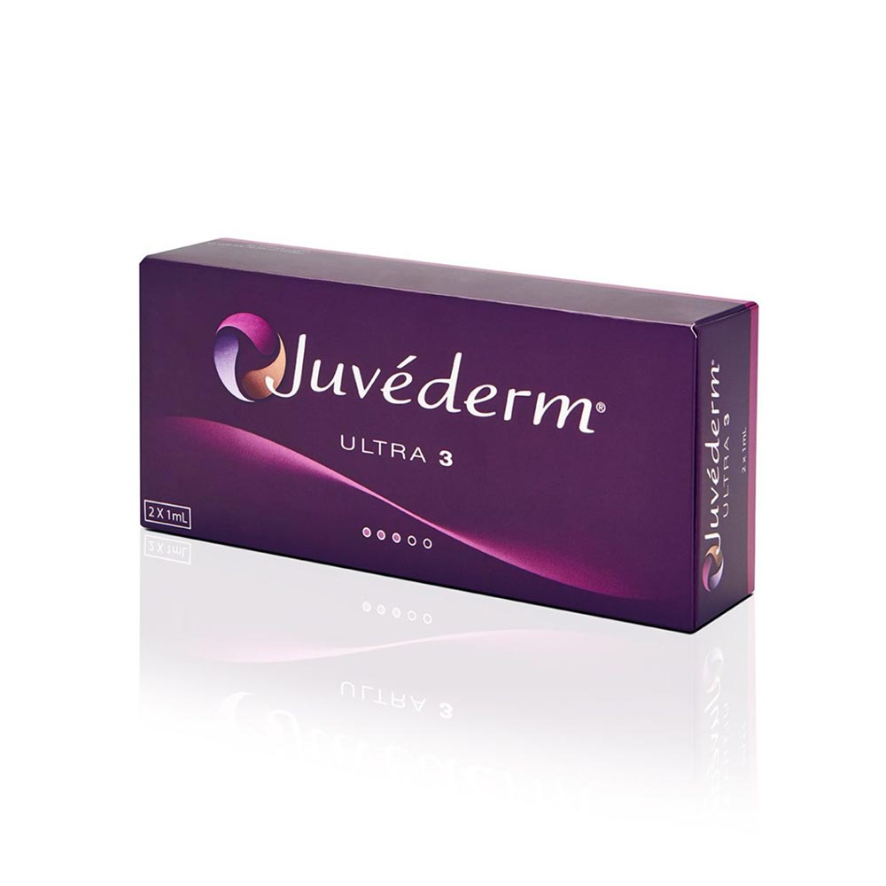 A box of juvederm ultra 3 is sitting on a white surface.