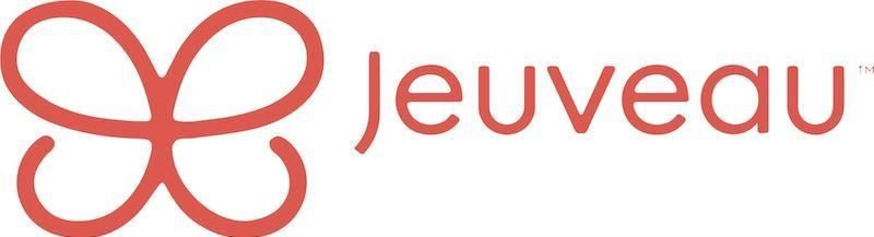 A black and white logo for jeuveau with a butterfly on a white background.